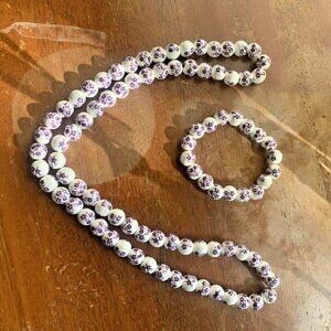 White Purple Sakura Flower Bead Necklace Bracelet Set 28”